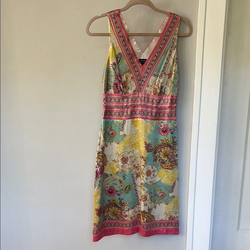Nicole by Nicole Miller Floral V-Neck Midi Dress in Pink, Blue & Yellow